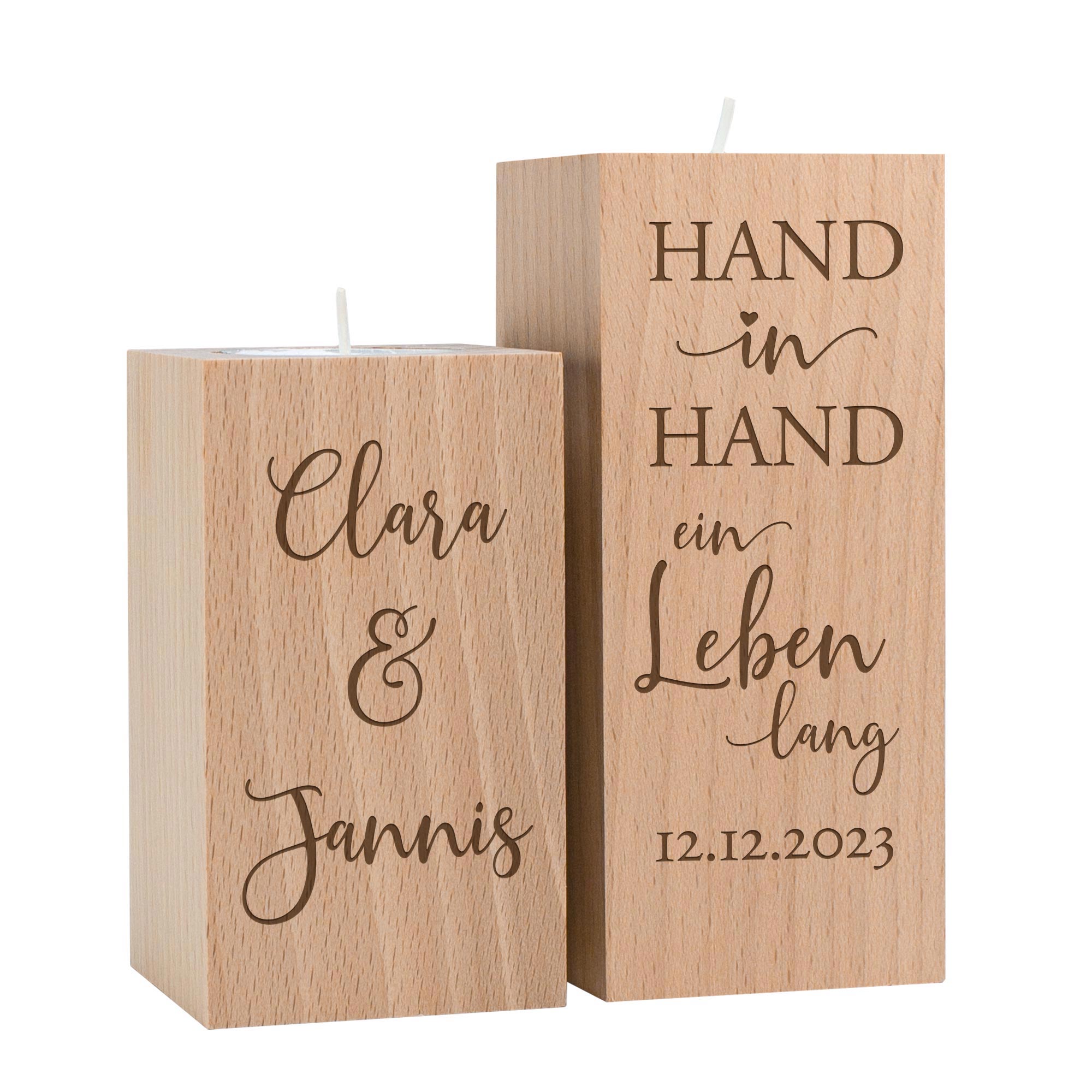 Teelichthalter Set - Eckig - Hochzeitspruch - Hand in Hand - Personalisiert