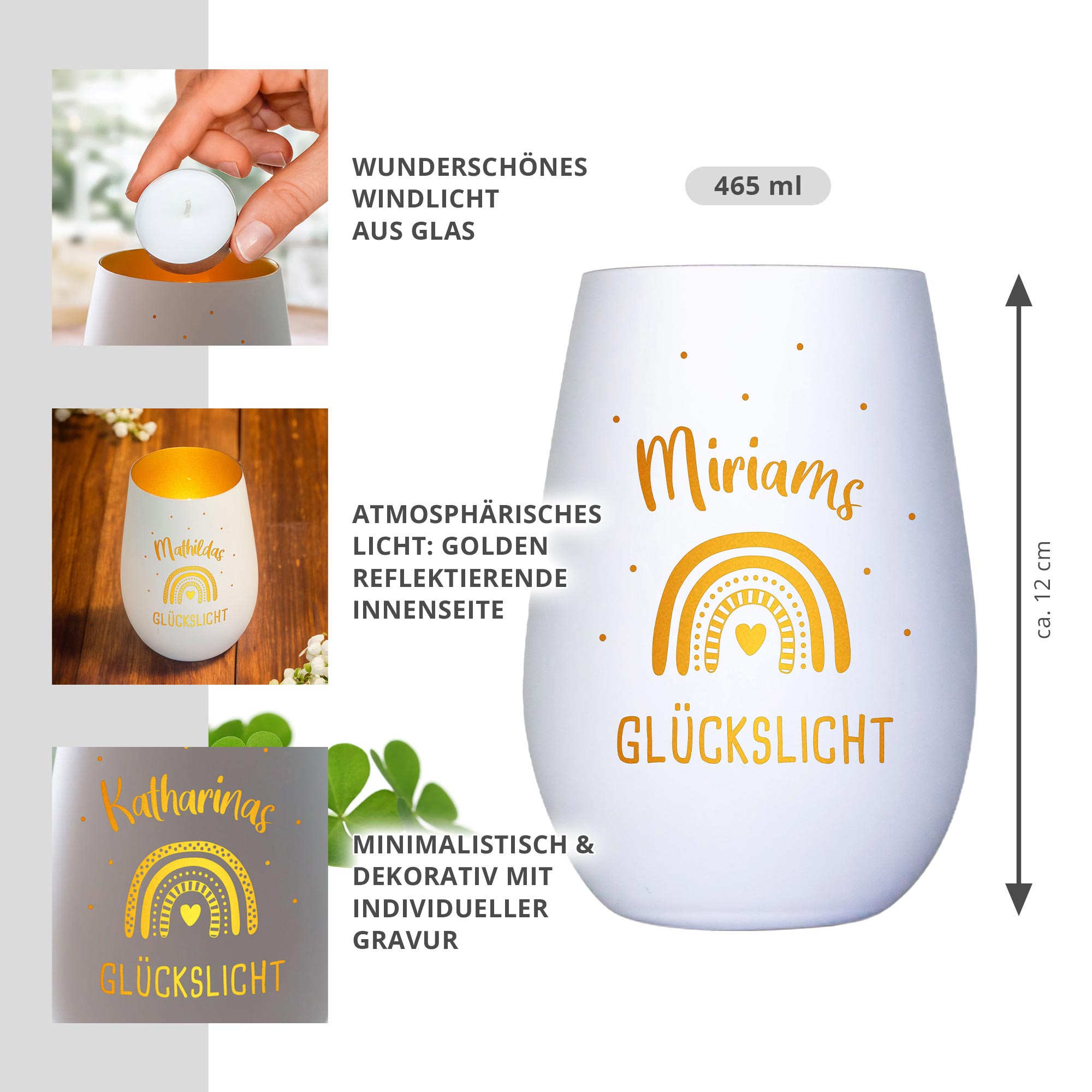 Weißes Windlicht mit Gravur - Glückslicht