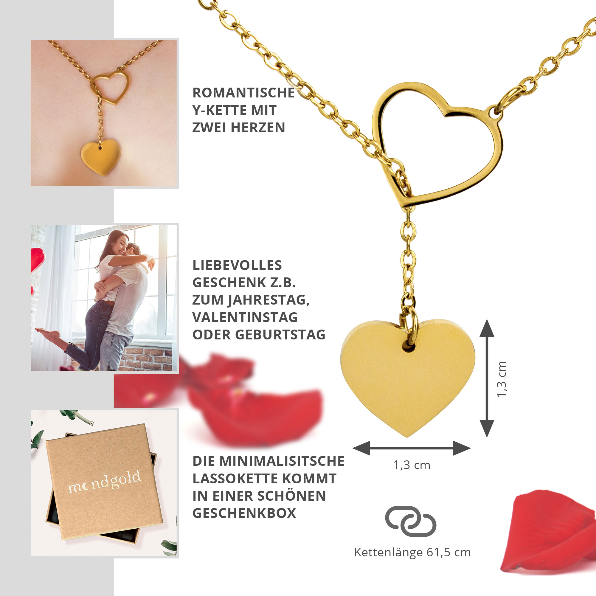 Y Kette mit zwei Herzen - Gold